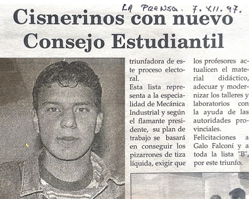 Recorte de periódico: Galo Falconí, presidente del Consejo Estudiantil
